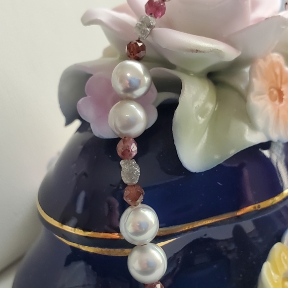 Raw Diamond, Red Sapphire, and Pearl Sterling Bracelet - Picture 7 of 16